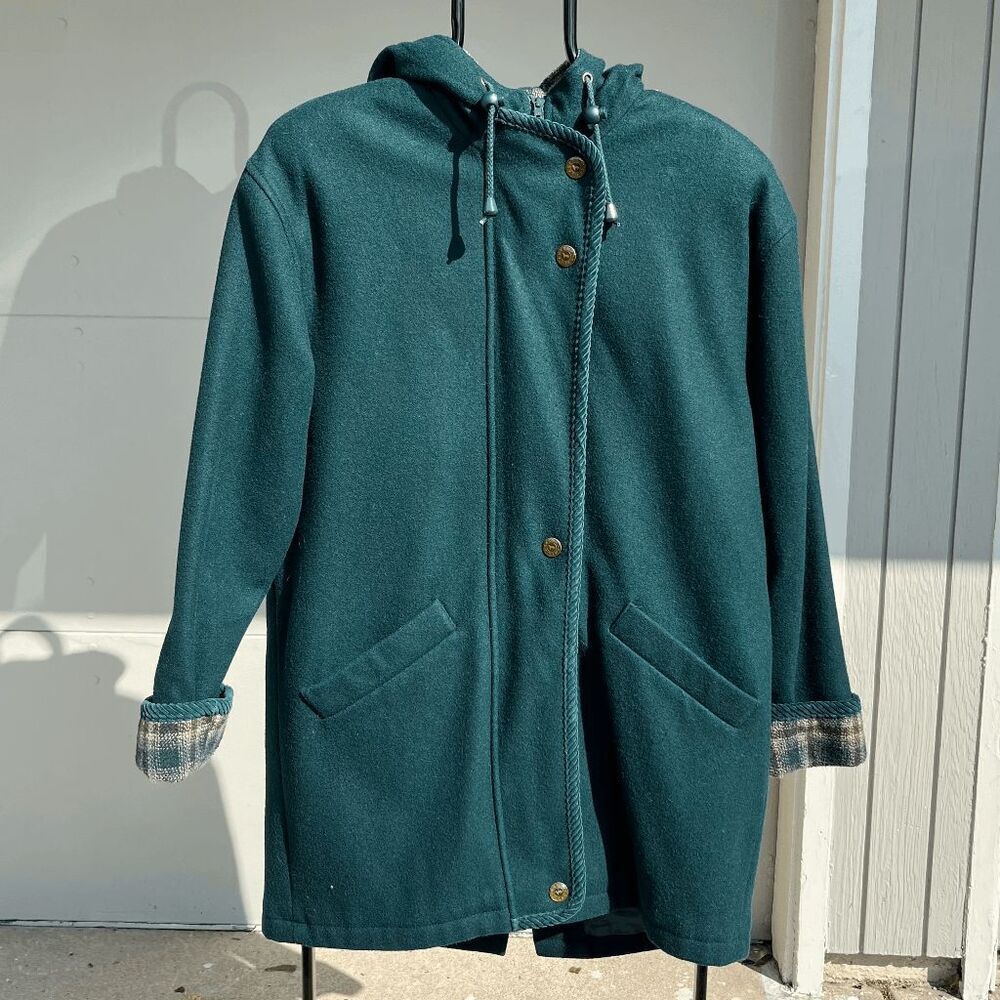 Vintage 80s Herman Kay Forest Green Plaid Hooded Wool Winter Coat, SZ 8